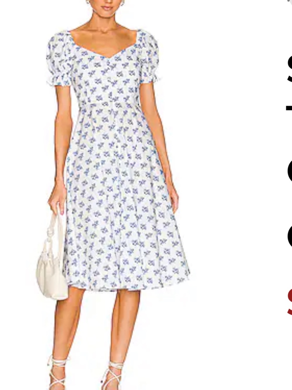 Caroline constas Floral Puff-Sleeve Midi Dress in White and Blue toile medium